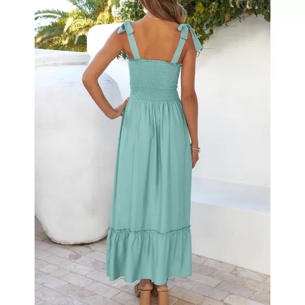 ZESICA Womens 2024 Summer Boho Spaghetti Strap Square Neck Solid Color Ruffle A Line Beach Long Maxi DressSage