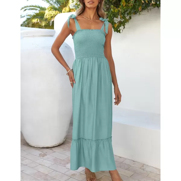 ZESICA Womens 2024 Summer Boho Spaghetti Strap Square Neck Solid Color Ruffle A Line Beach Long Maxi DressSage