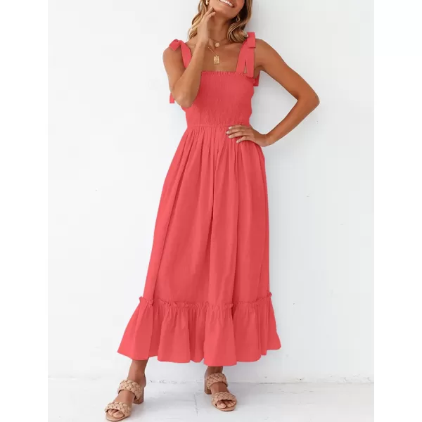 ZESICA Womens 2024 Summer Boho Spaghetti Strap Square Neck Solid Color Ruffle A Line Beach Long Maxi DressWatermelon