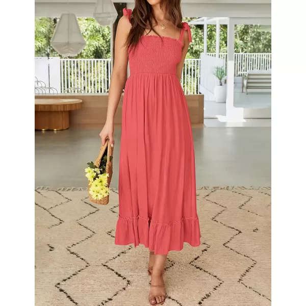 ZESICA Womens 2024 Summer Boho Spaghetti Strap Square Neck Solid Color Ruffle A Line Beach Long Maxi DressWatermelon