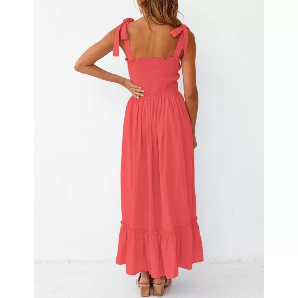 ZESICA Womens 2024 Summer Boho Spaghetti Strap Square Neck Solid Color Ruffle A Line Beach Long Maxi DressWatermelon
