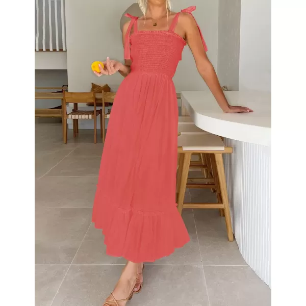 ZESICA Womens 2024 Summer Boho Spaghetti Strap Square Neck Solid Color Ruffle A Line Beach Long Maxi DressWatermelon