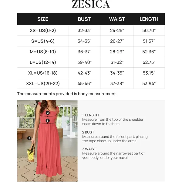 ZESICA Womens 2024 Summer Boho Spaghetti Strap Square Neck Solid Color Ruffle A Line Beach Long Maxi DressWatermelon