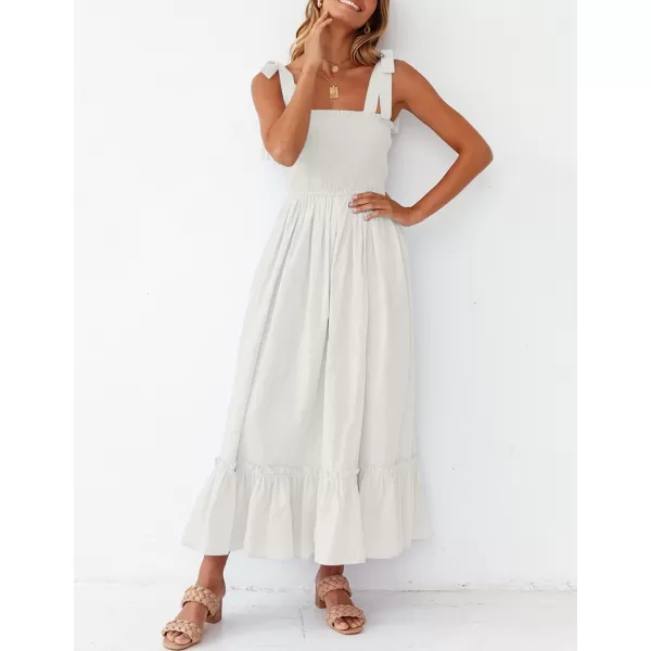 ZESICA Womens 2024 Summer Boho Spaghetti Strap Square Neck Solid Color Ruffle A Line Beach Long Maxi DressWhite