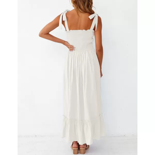 ZESICA Womens 2024 Summer Boho Spaghetti Strap Square Neck Solid Color Ruffle A Line Beach Long Maxi DressWhite