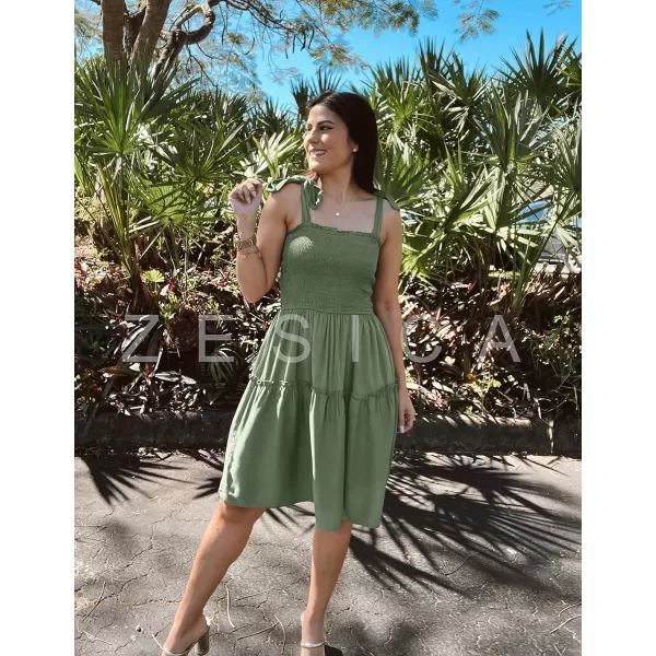 ZESICA Womens 2024 Summer Spaghetti Strap Sleeveless Square Neck Ruffle A Line Swing Mini DressArmygreen
