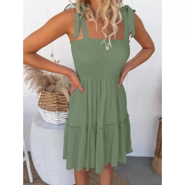 ZESICA Womens 2024 Summer Spaghetti Strap Sleeveless Square Neck Ruffle A Line Swing Mini DressArmygreen