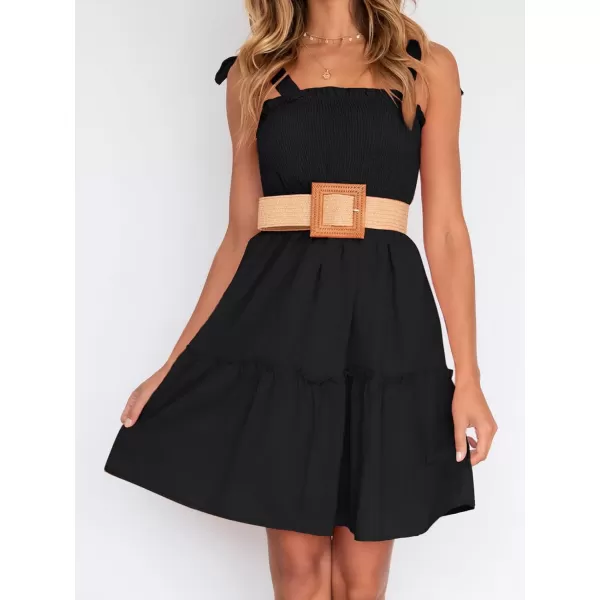 ZESICA Womens 2024 Summer Spaghetti Strap Sleeveless Square Neck Ruffle A Line Swing Mini DressBlack