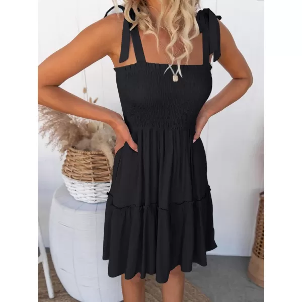 ZESICA Womens 2024 Summer Spaghetti Strap Sleeveless Square Neck Ruffle A Line Swing Mini DressBlack