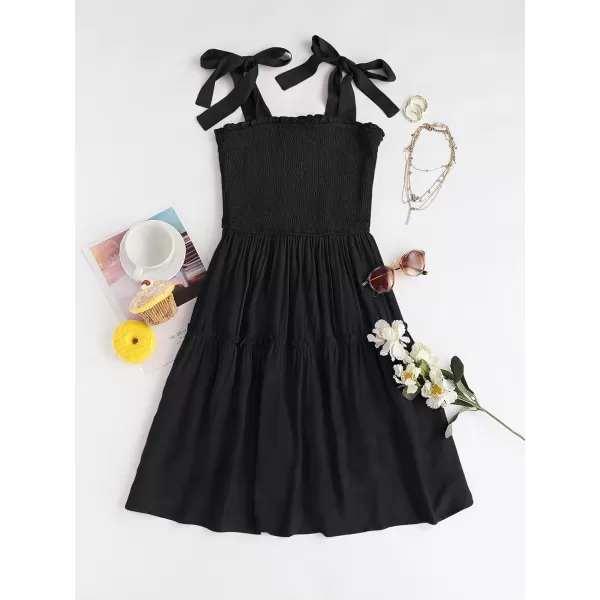 ZESICA Womens 2024 Summer Spaghetti Strap Sleeveless Square Neck Ruffle A Line Swing Mini DressBlack