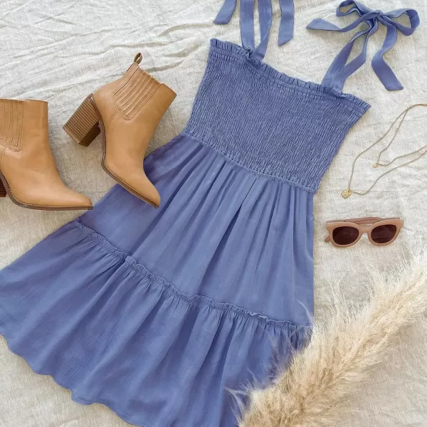 ZESICA Womens 2024 Summer Spaghetti Strap Sleeveless Square Neck Ruffle A Line Swing Mini DressDustyblue