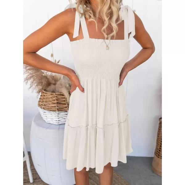 ZESICA Womens 2024 Summer Spaghetti Strap Sleeveless Square Neck Ruffle A Line Swing Mini DressIvory
