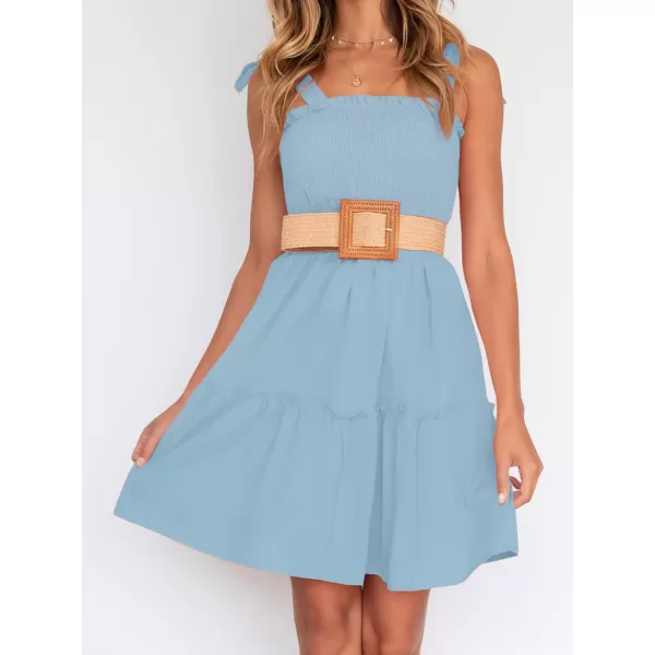 ZESICA Womens 2024 Summer Spaghetti Strap Sleeveless Square Neck Ruffle A Line Swing Mini DressLightblue