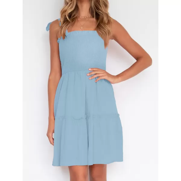 ZESICA Womens 2024 Summer Spaghetti Strap Sleeveless Square Neck Ruffle A Line Swing Mini DressLightblue