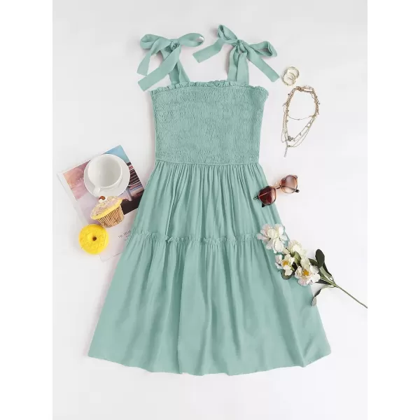 ZESICA Womens 2024 Summer Spaghetti Strap Sleeveless Square Neck Ruffle A Line Swing Mini DressLightgreen