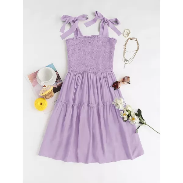 ZESICA Womens 2024 Summer Spaghetti Strap Sleeveless Square Neck Ruffle A Line Swing Mini DressLightpurple