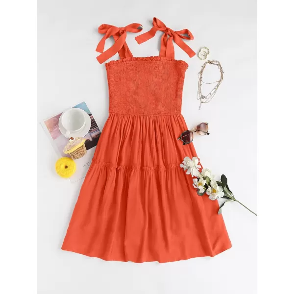 ZESICA Womens 2024 Summer Spaghetti Strap Sleeveless Square Neck Ruffle A Line Swing Mini DressOrange