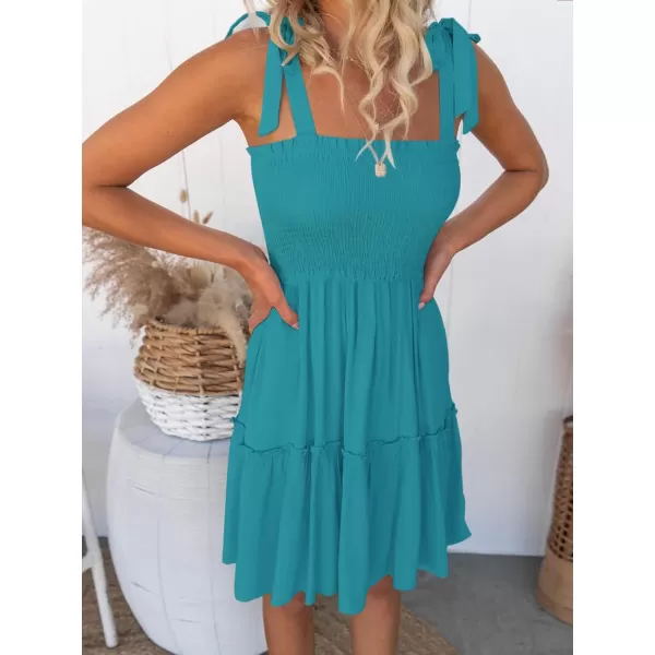 ZESICA Womens 2024 Summer Spaghetti Strap Sleeveless Square Neck Ruffle A Line Swing Mini DressPeacock