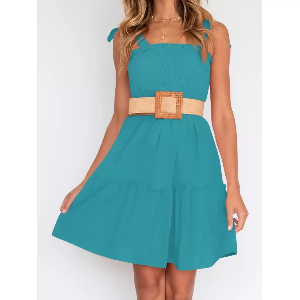 ZESICA Womens 2024 Summer Spaghetti Strap Sleeveless Square Neck Ruffle A Line Swing Mini DressPeacock