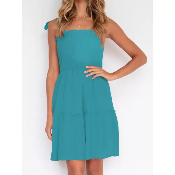 ZESICA Womens 2024 Summer Spaghetti Strap Sleeveless Square Neck Ruffle A Line Swing Mini DressPeacock