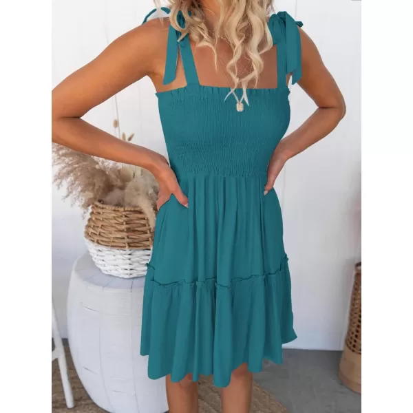 ZESICA Womens 2024 Summer Spaghetti Strap Sleeveless Square Neck Ruffle A Line Swing Mini DressTeal