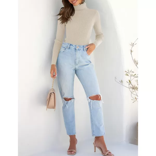 ZESICA Womens 2024 Turtleneck Long Sleeve Shirts Fall Basic Tops Slim Fitted Ribbed Knit SweaterApricot