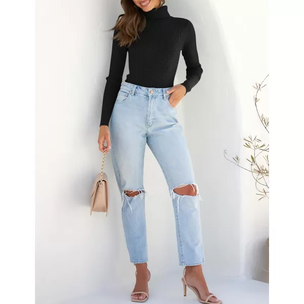ZESICA Womens 2024 Turtleneck Long Sleeve Shirts Fall Basic Tops Slim Fitted Ribbed Knit SweaterBlack