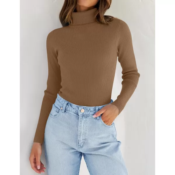 ZESICA Womens 2024 Turtleneck Long Sleeve Shirts Fall Basic Tops Slim Fitted Ribbed Knit SweaterBrown