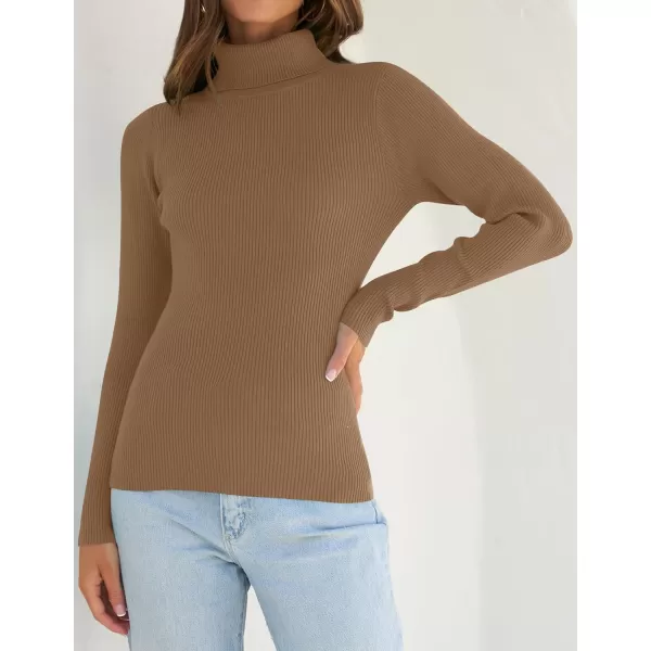 ZESICA Womens 2024 Turtleneck Long Sleeve Shirts Fall Basic Tops Slim Fitted Ribbed Knit SweaterBrown