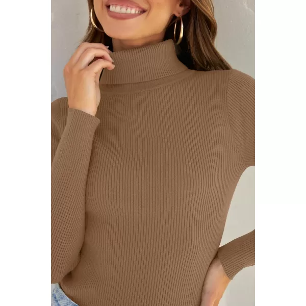 ZESICA Womens 2024 Turtleneck Long Sleeve Shirts Fall Basic Tops Slim Fitted Ribbed Knit SweaterBrown