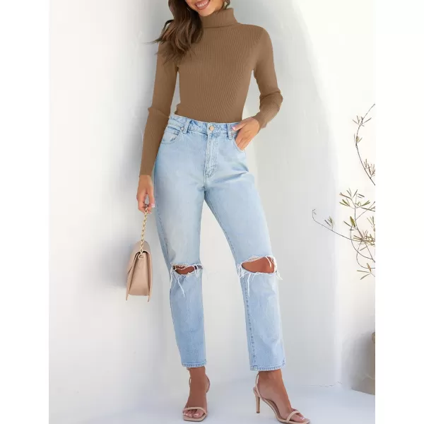 ZESICA Womens 2024 Turtleneck Long Sleeve Shirts Fall Basic Tops Slim Fitted Ribbed Knit SweaterBrown
