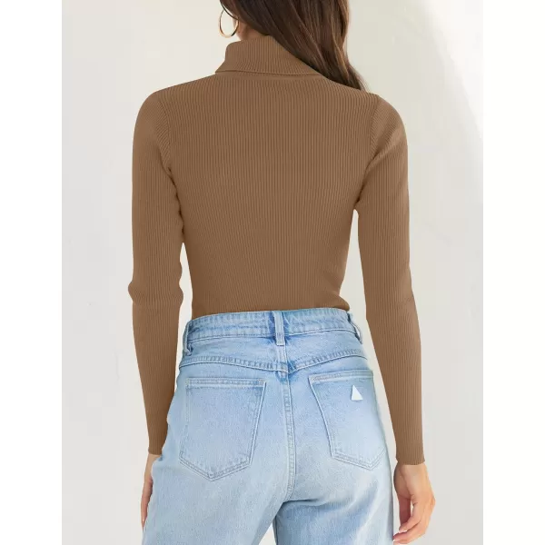 ZESICA Womens 2024 Turtleneck Long Sleeve Shirts Fall Basic Tops Slim Fitted Ribbed Knit SweaterBrown
