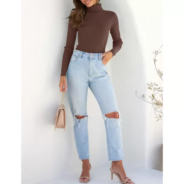 ZESICA Womens 2024 Turtleneck Long Sleeve Shirts Fall Basic Tops Slim Fitted Ribbed Knit SweaterCoffee