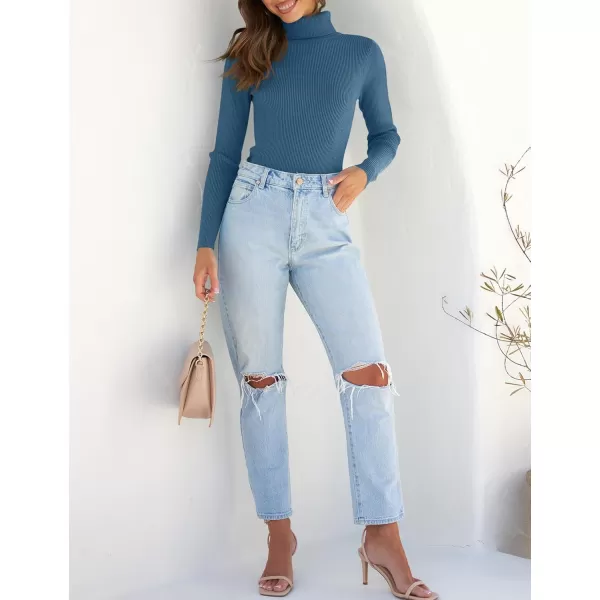 ZESICA Womens 2024 Turtleneck Long Sleeve Shirts Fall Basic Tops Slim Fitted Ribbed Knit SweaterDarkblue