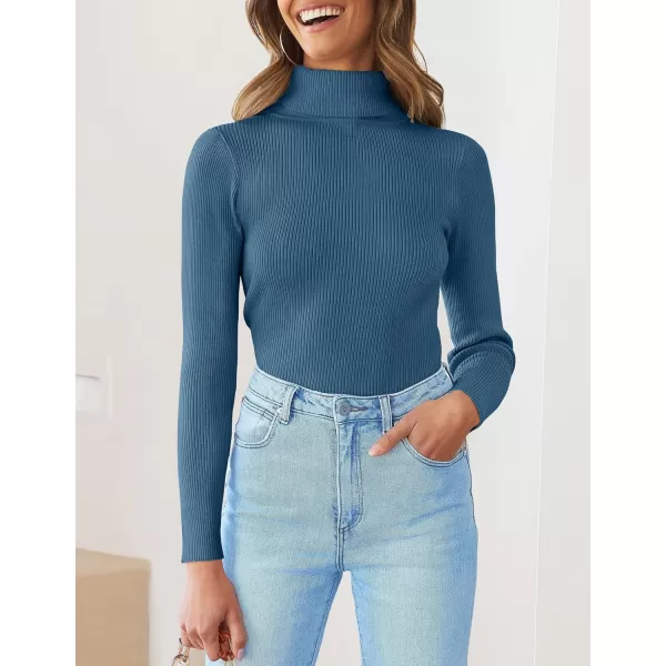 ZESICA Womens 2024 Turtleneck Long Sleeve Shirts Fall Basic Tops Slim Fitted Ribbed Knit SweaterDarkblue