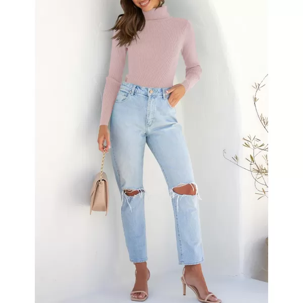 ZESICA Womens 2024 Turtleneck Long Sleeve Shirts Fall Basic Tops Slim Fitted Ribbed Knit SweaterDustypink