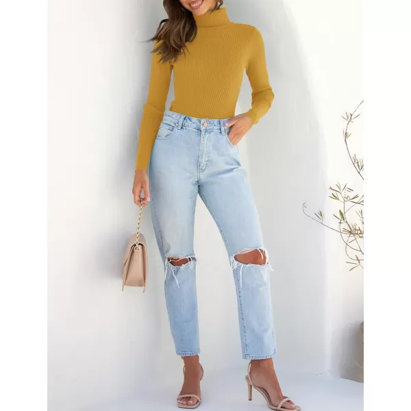 ZESICA Womens 2024 Turtleneck Long Sleeve Shirts Fall Basic Tops Slim Fitted Ribbed Knit SweaterMustard