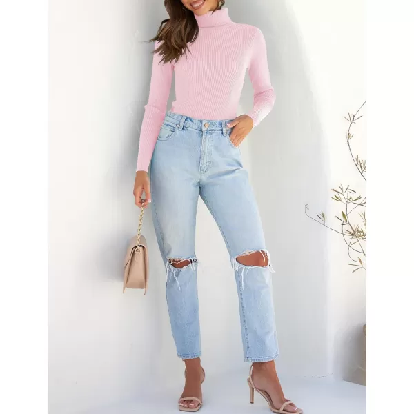 ZESICA Womens 2024 Turtleneck Long Sleeve Shirts Fall Basic Tops Slim Fitted Ribbed Knit SweaterPink