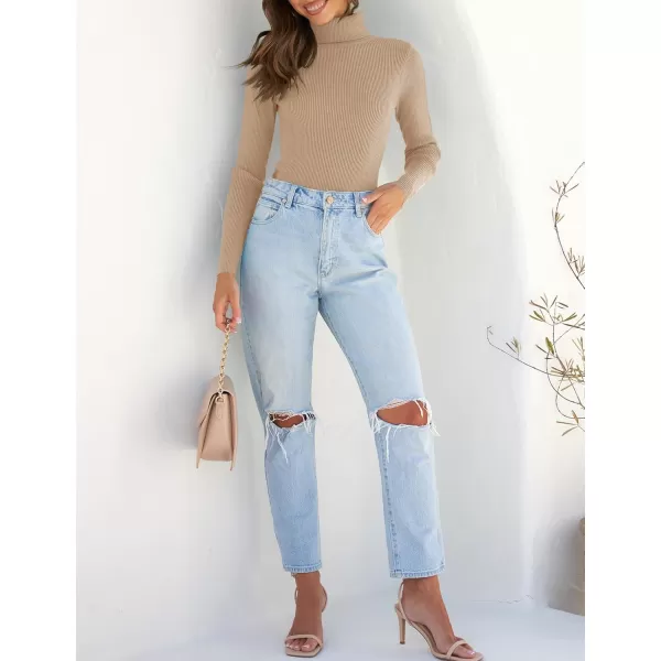 ZESICA Womens 2024 Turtleneck Long Sleeve Shirts Fall Basic Tops Slim Fitted Ribbed Knit SweaterToffee