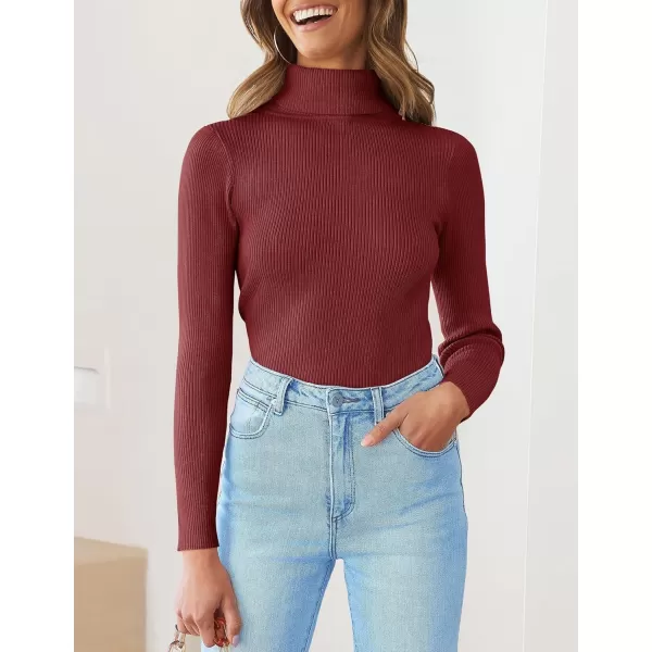 ZESICA Womens 2024 Turtleneck Long Sleeve Shirts Fall Basic Tops Slim Fitted Ribbed Knit SweaterWine