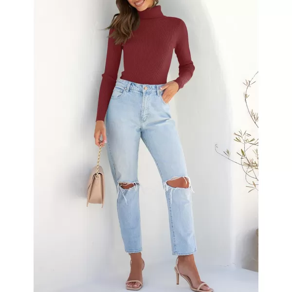 ZESICA Womens 2024 Turtleneck Long Sleeve Shirts Fall Basic Tops Slim Fitted Ribbed Knit SweaterWine