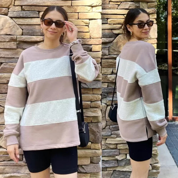 ZESICA Womens Fall Sweatshirt Tops Crewneck Long Sleeve Loose Oversized Striped Fleece Pullover 2024 ClothesAlmond
