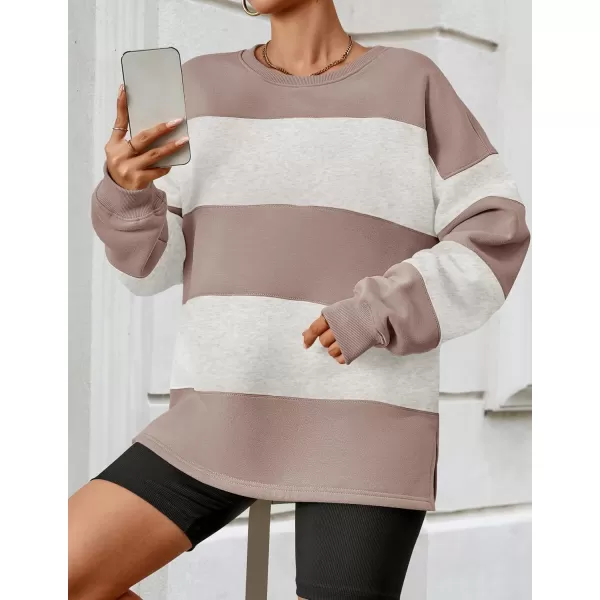 ZESICA Womens Fall Sweatshirt Tops Crewneck Long Sleeve Loose Oversized Striped Fleece Pullover 2024 ClothesAlmond