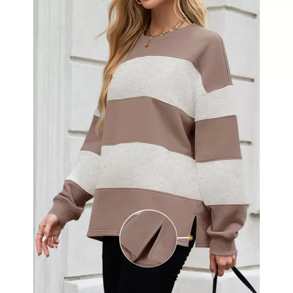 ZESICA Womens Fall Sweatshirt Tops Crewneck Long Sleeve Loose Oversized Striped Fleece Pullover 2024 ClothesAlmond
