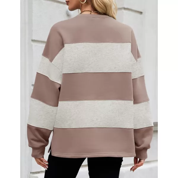 ZESICA Womens Fall Sweatshirt Tops Crewneck Long Sleeve Loose Oversized Striped Fleece Pullover 2024 ClothesAlmond