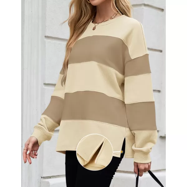 ZESICA Womens Fall Sweatshirt Tops Crewneck Long Sleeve Loose Oversized Striped Fleece Pullover 2024 ClothesApricot