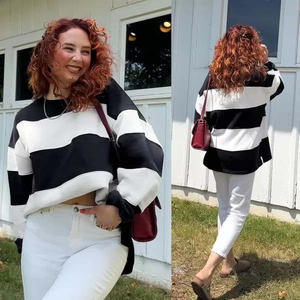 ZESICA Womens Fall Sweatshirt Tops Crewneck Long Sleeve Loose Oversized Striped Fleece Pullover 2024 ClothesBlack