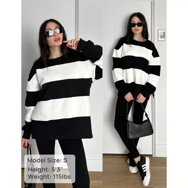 ZESICA Womens Fall Sweatshirt Tops Crewneck Long Sleeve Loose Oversized Striped Fleece Pullover 2024 ClothesBlack