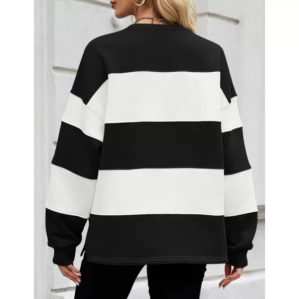 ZESICA Womens Fall Sweatshirt Tops Crewneck Long Sleeve Loose Oversized Striped Fleece Pullover 2024 ClothesBlack