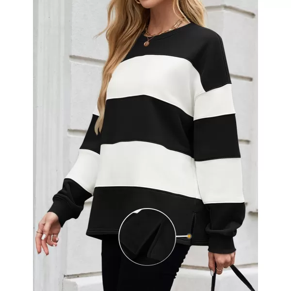 ZESICA Womens Fall Sweatshirt Tops Crewneck Long Sleeve Loose Oversized Striped Fleece Pullover 2024 ClothesBlack